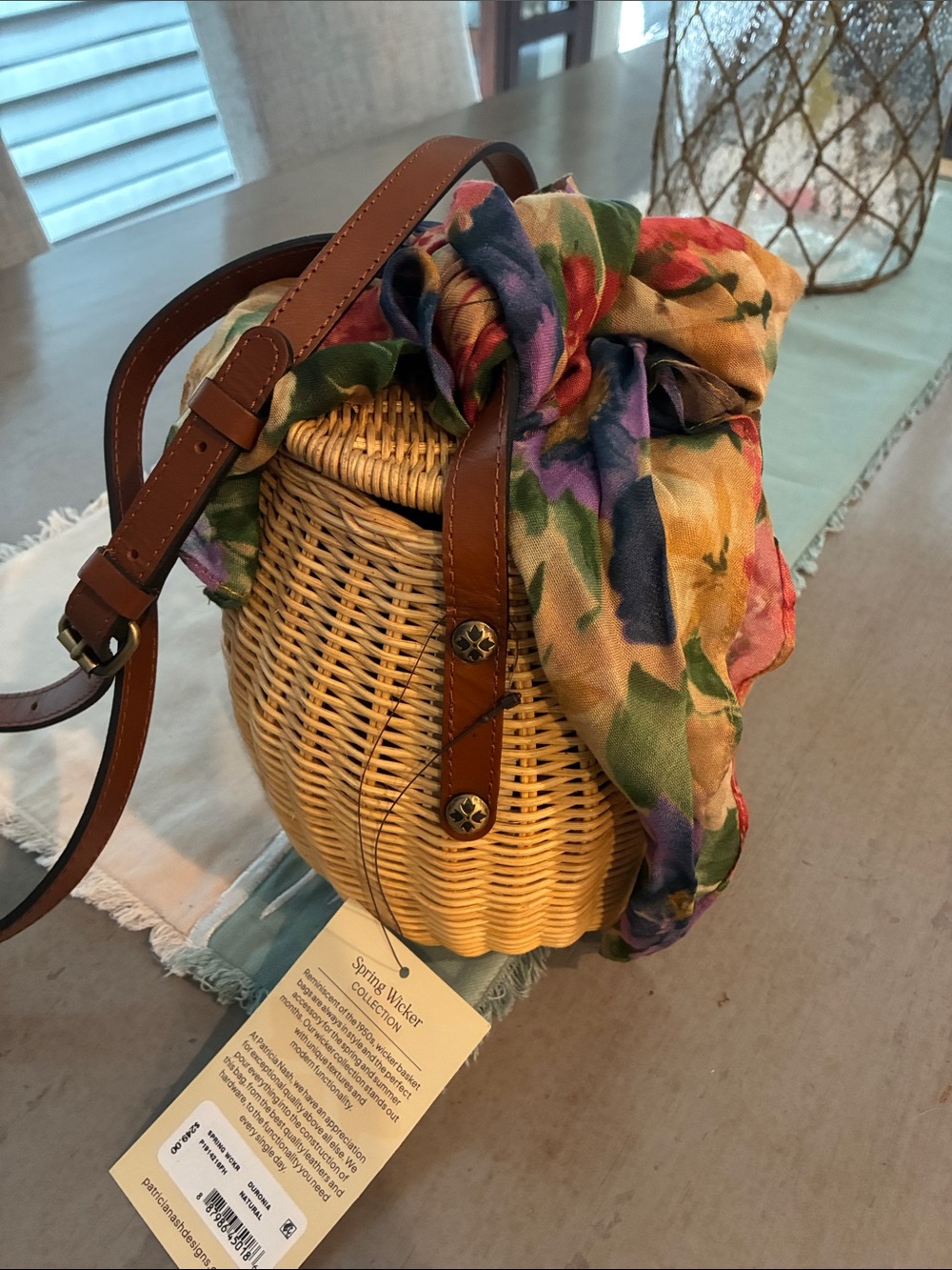 Patricia Nash woven Crossbody Bag with Brown Leather Trim and Floral Scarf - Picture 6 of 9